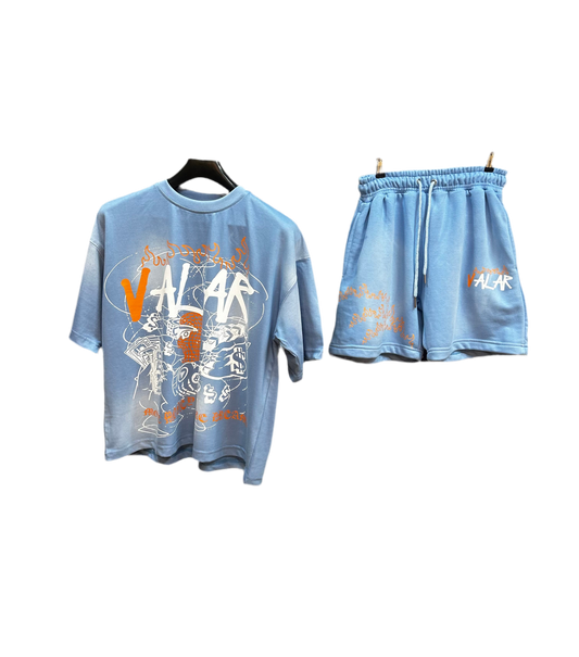 Frosted Light Blue “More Money More Dreams” Short Set